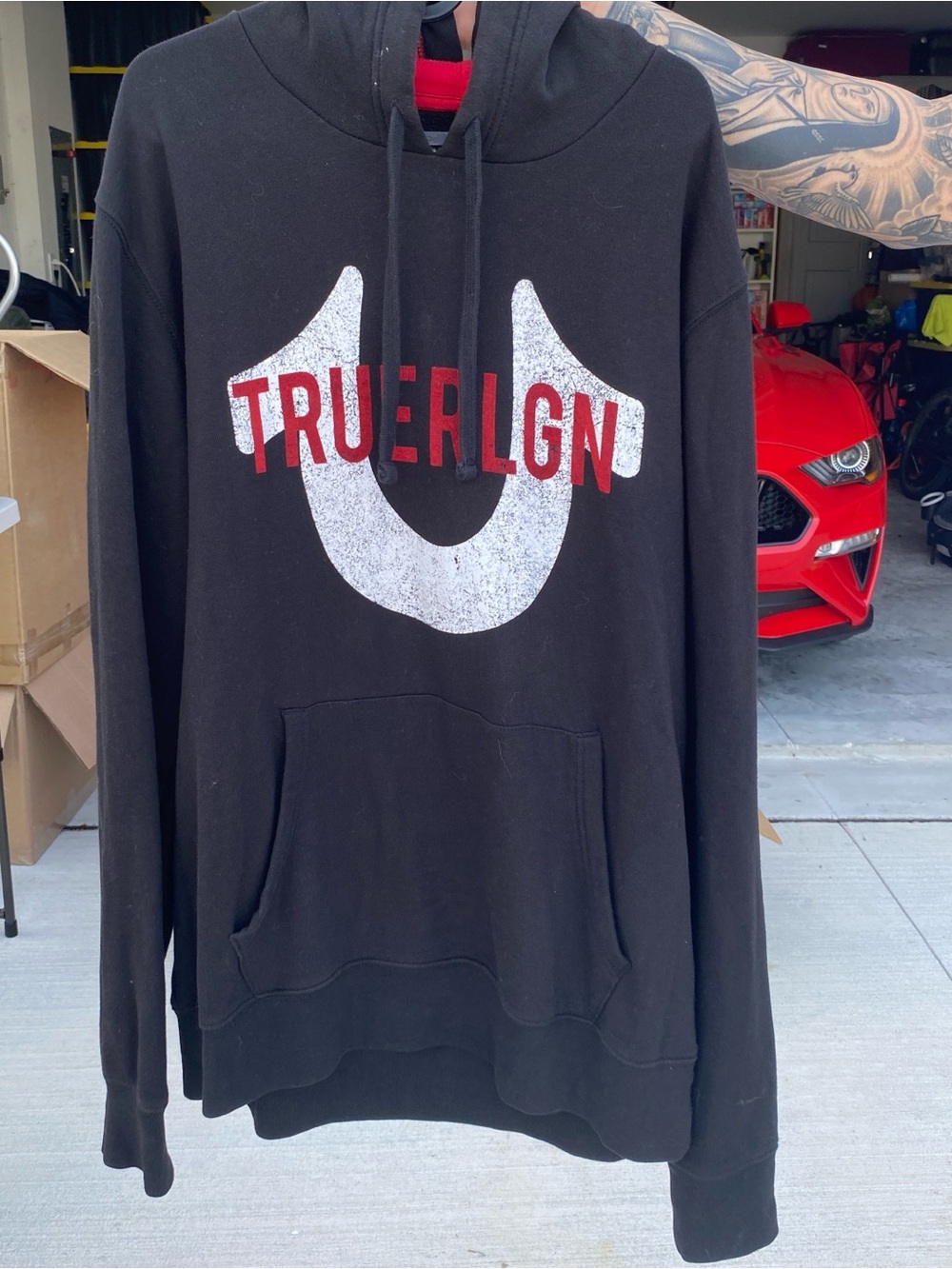 True Religion Black Hoodie with Red & Blue Logo Accent